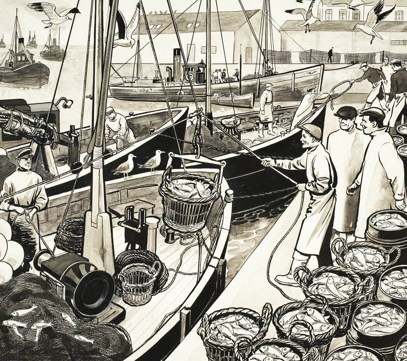 Unidentified fishing port with fish on quayside by English School
