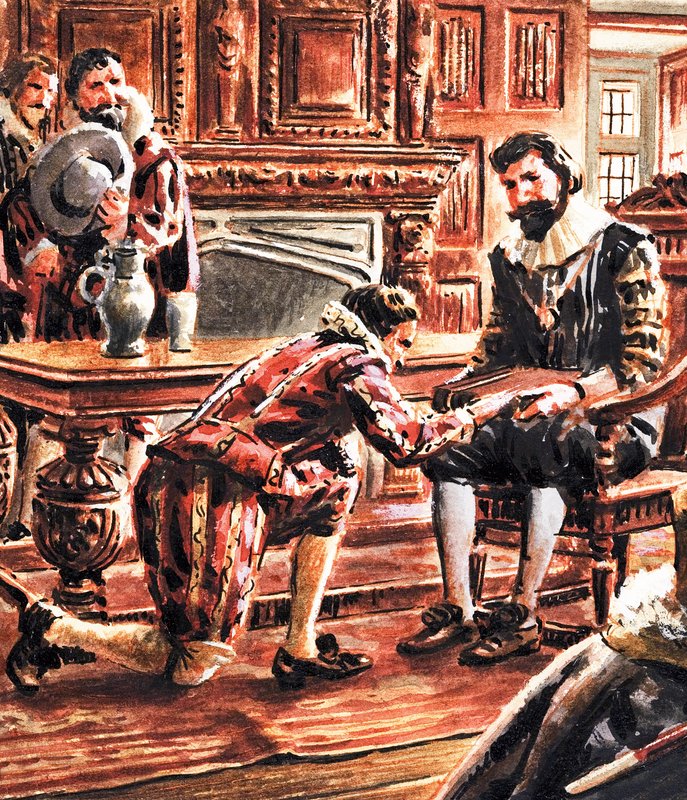 Unidentified man kneeling, handing package over to king by English School
