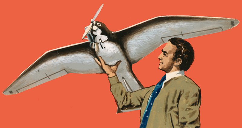 Unidentified Man with Bird-Shaped Plane with Propeller by English School
