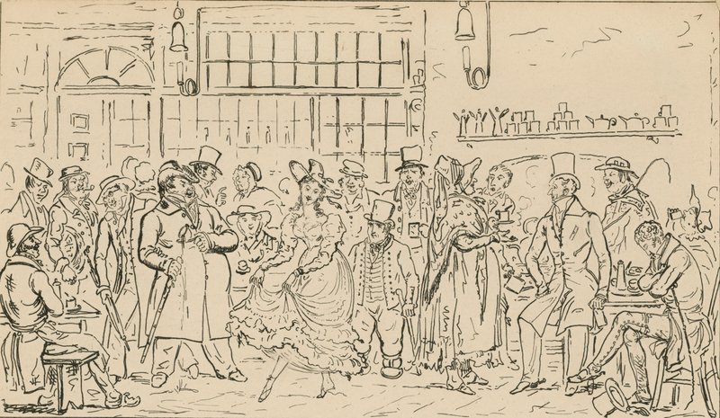 Unidentified scene, possibly relating to the Cock and Hen Club by English School