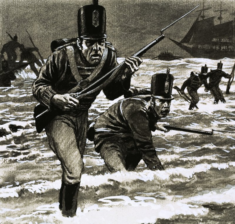 Unidentified Soldiers Landing at Beach by English School