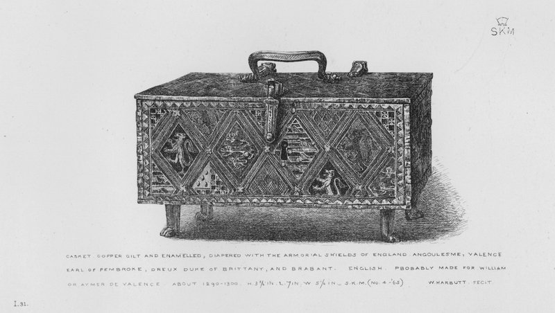 Victoria and Albert Museum: Casket, copper gilt and enamelled, diapered with the Armorial Shields of England, Angoulesme, Valence, Earl of Pembroke, Dreux Duke of Brittany, and Brabant, English, probably made for William or Aymer de Valence, about 1290-13 by English School