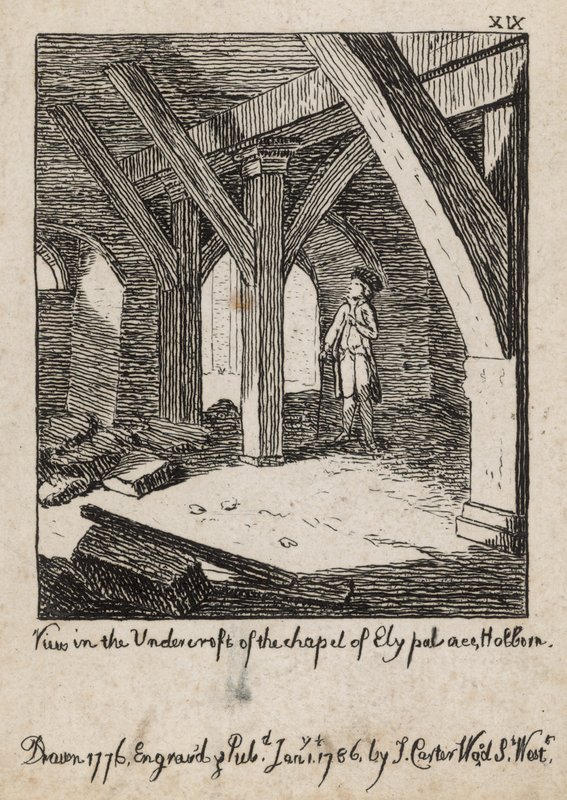 View in the undercroft of the chapel of Ely Palace, Holborn by English School