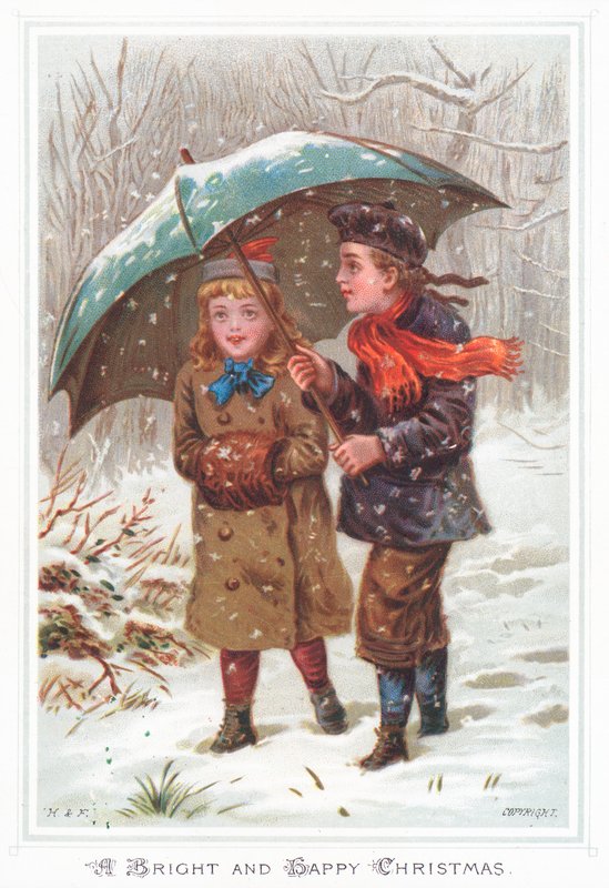 Walking under umbrella in snow storm by English School