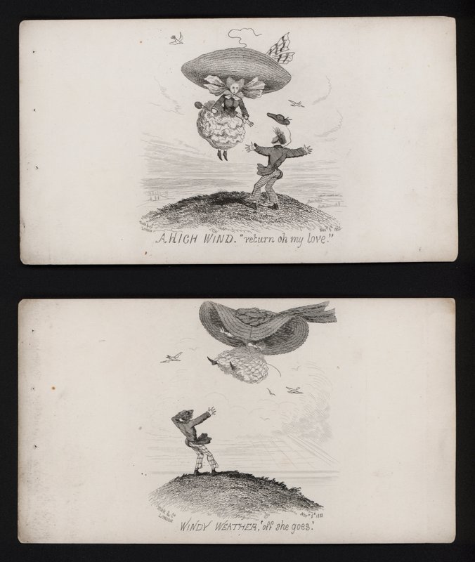 Woman being carried off by her enormous hat on a windy day by English School
