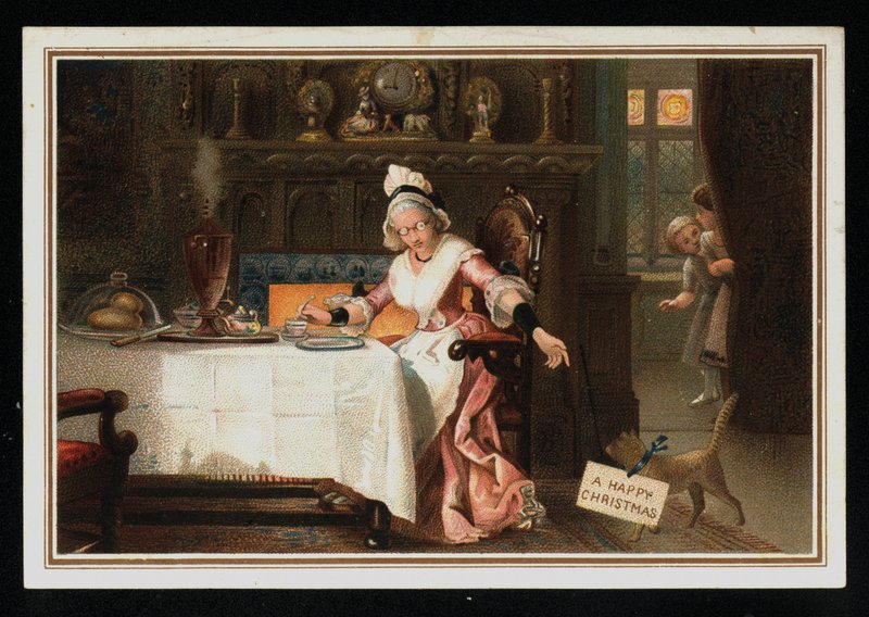 Woman taking tea with her cat, Christmas greetings card by English School