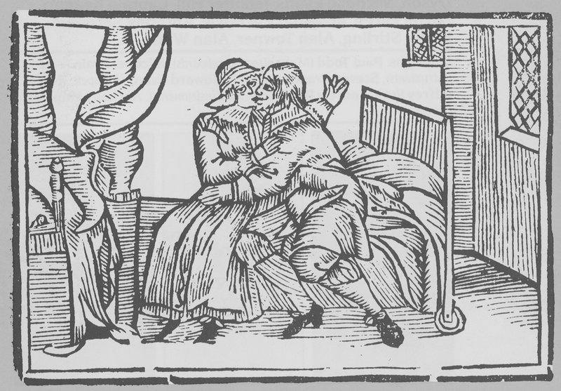 Woodcut Depicting a Man and a Woman Seated on a Bed by English School