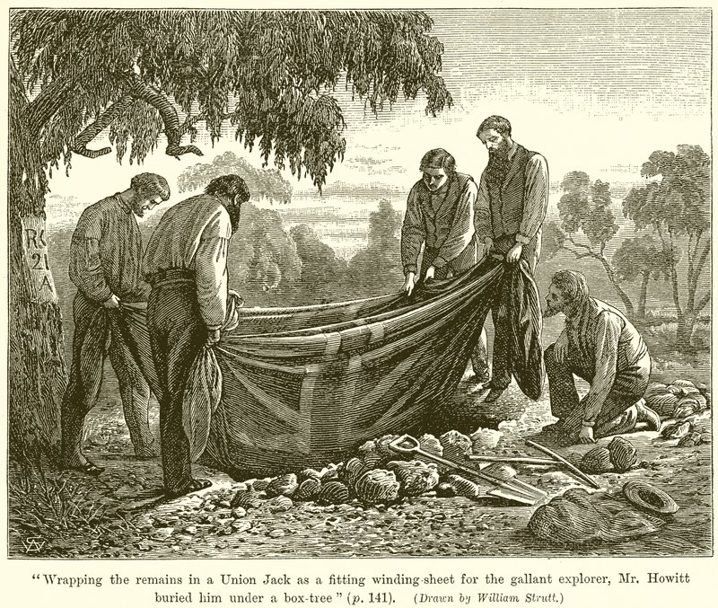 Wrapping the Remains in a Union Jack as a Fitting Winding-Sheet for the Gallant Explorer, Mr. Howitt Buried Him Under a Box-Tree by English School