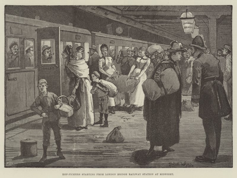 Hop-Pickers Starting from London Bridge Railway Station at Midnight by Enoch Ward