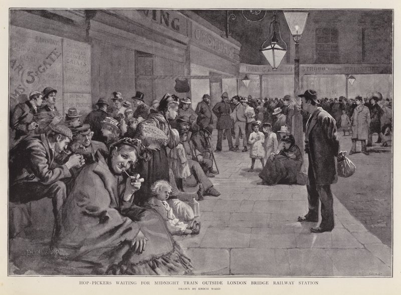 Hop pickers waiting outside London Bridge Station for the midnight train to Kent by Enoch Ward