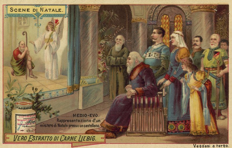 Performance of a Nativity play in a castle in the Middle Ages by European School