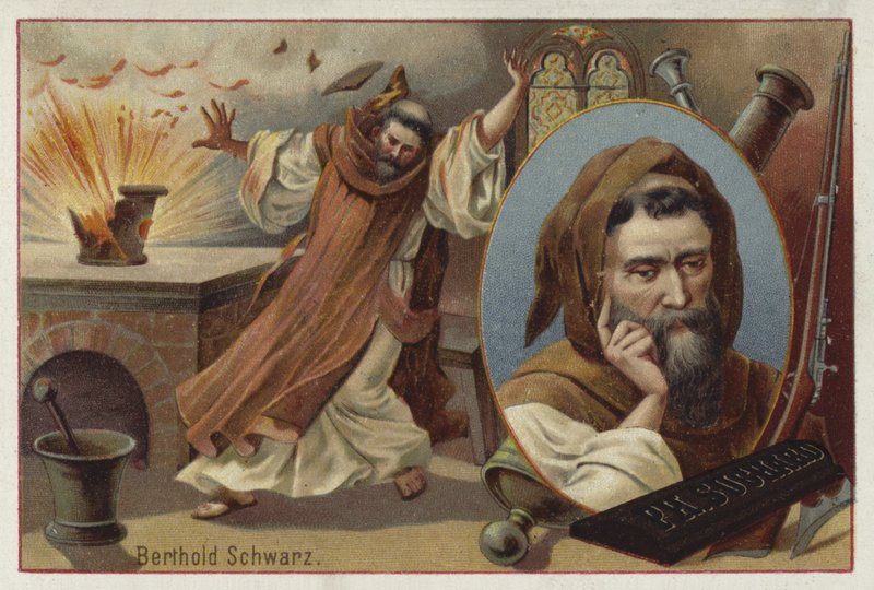 Berthold Schwarz, legendary 14th Century German alchemist said to have invented gunpowder by European School
