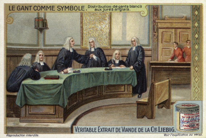 Distribution of white gloves to English jurors in court by European School