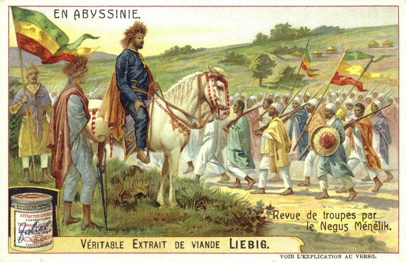 Emperor Menelik II of Ethiopia reviewing troops by European School