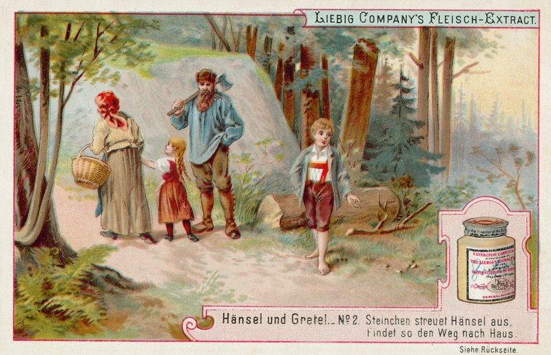 Hansel and Gretel: Hansel leaving a trail of pebbles to find the way home by European School