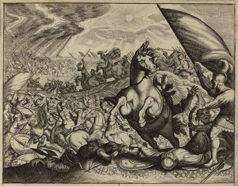 Israelites defeating the Amorite army after Joshua commanded the Sun and Moon to stand still by European School