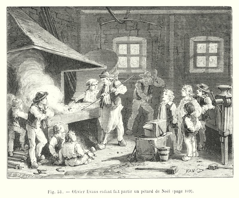 Olivier Evans as a Child Setting Off a Christmas Firecracker (engraving) by European School