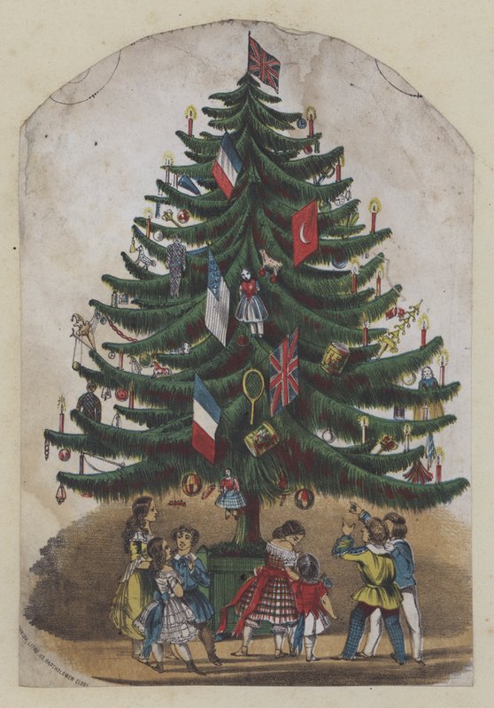 People under a Christmas tree, greetings card by European School