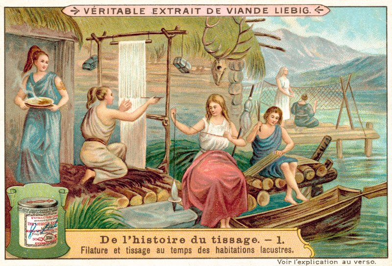 Spinning and Weaving in an Ancient Lakeside Village by European School