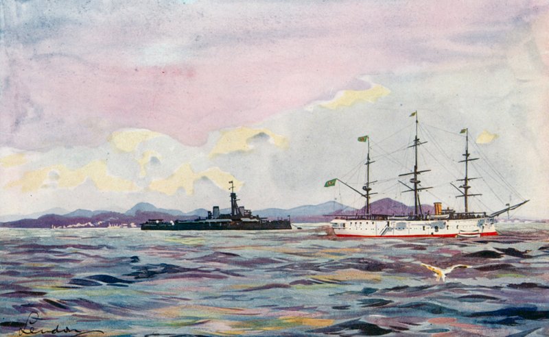 The "Benjamin Constant" Training Cruiser and the Dreadnought "Minas Geraes" in Rio Harbour by European School