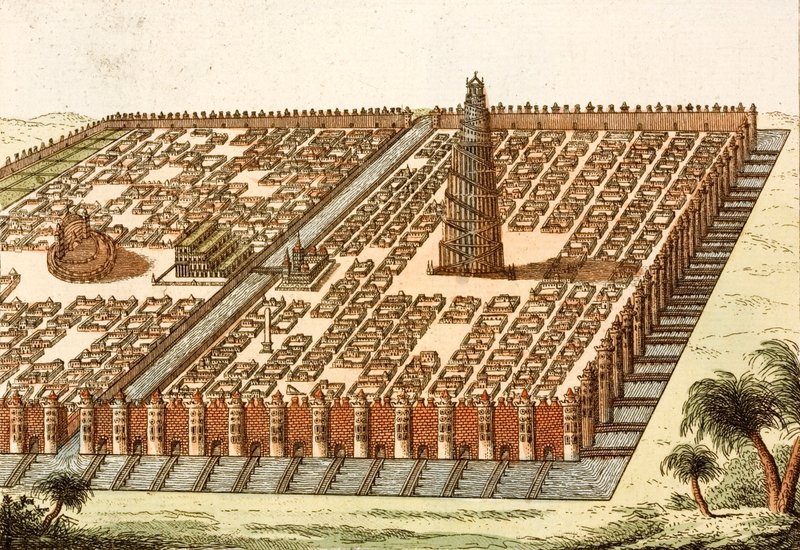 Tower of Babel, Royal Palace and Hanging Gardens of Babylon by European School