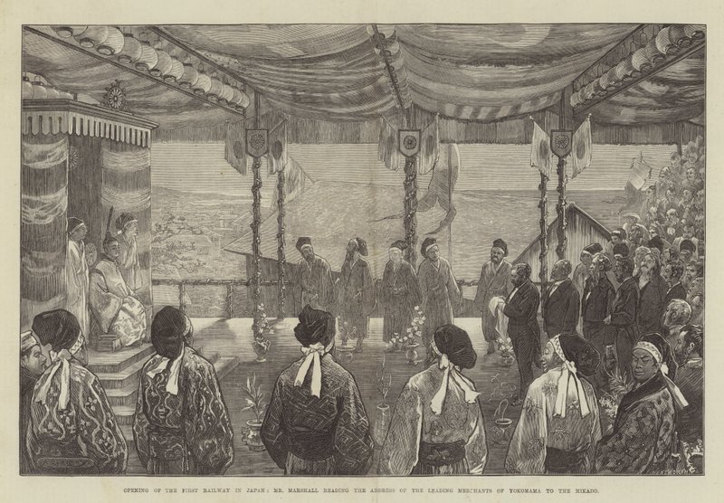 Opening of the First Railway in Japan, Mr. Marshall Reading the Address of the Leading Merchants of Yokohama to the Mikado by Felix Regamey