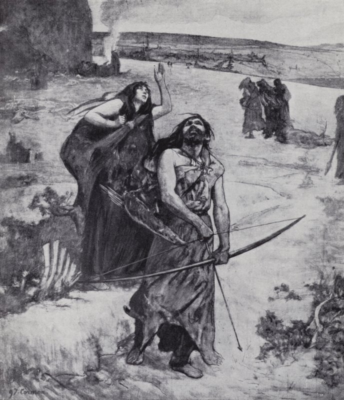 Ice Age man learning to hunt with bow and arrow by Fernand (after) Cormon