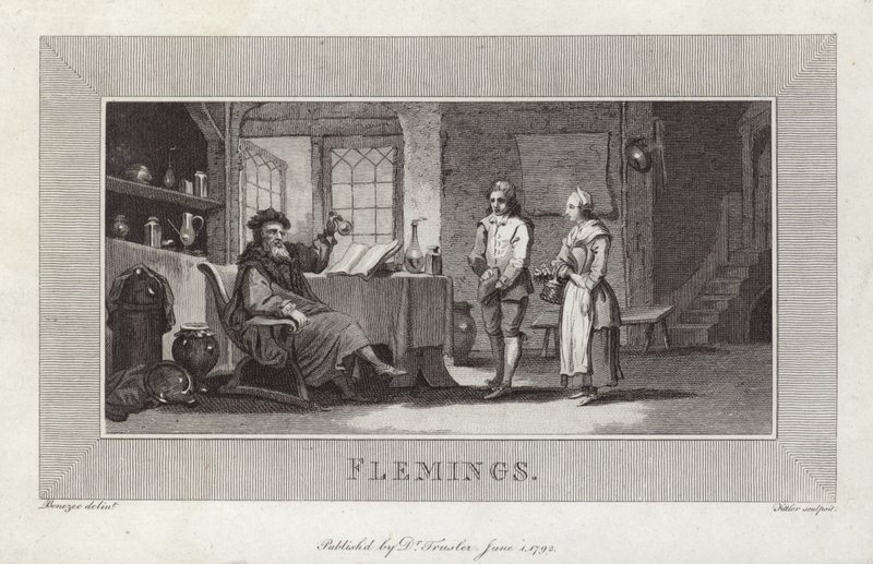 Flemings. Engraving of servants and master. by Flemish School
