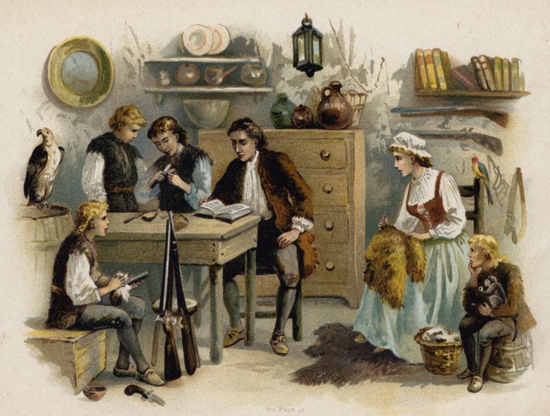 Scene from The Swiss Family Robinson: Father reading to the family in Rock Castle by Florence Maplestone