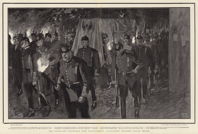 The Torchlight Procession from Friedrichshof approaching Cronberg Parish Church by Frank Craig