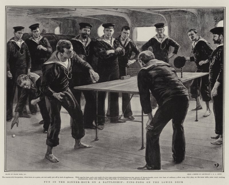 Fun in the Dinner-Hour on a Battleship, Ping-Pong on the Lower Deck by Frank Dadd