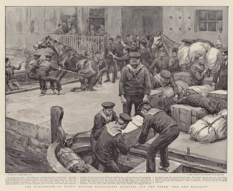 The Evacuation of Crete, British Bluejackets clearing out the Turks, Bag and Baggage by Frank Dadd