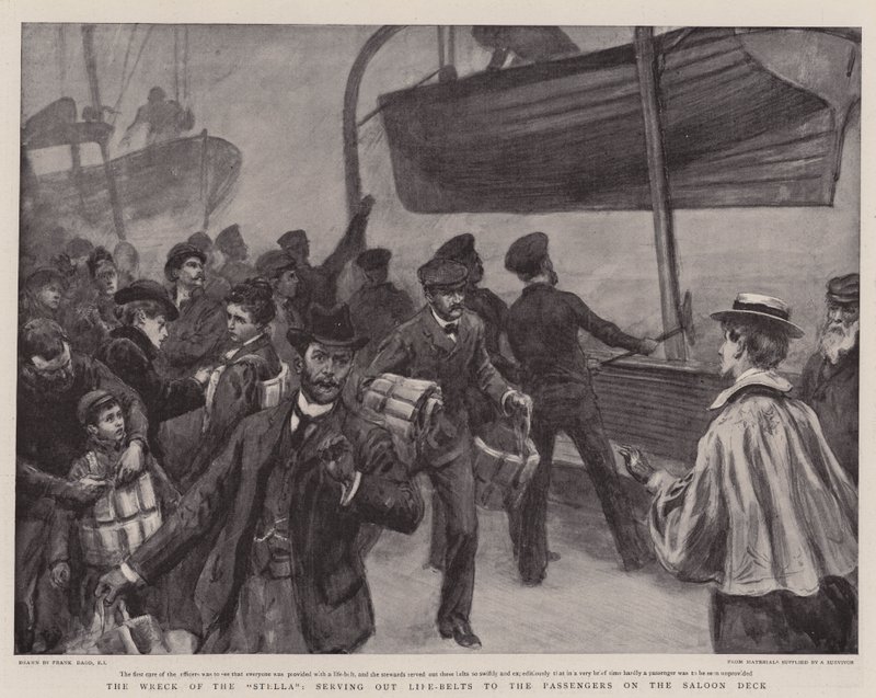 The Wreck of the Stella, Serving Out Life-Belts to the Passengers on the Saloon Deck by Frank Dadd