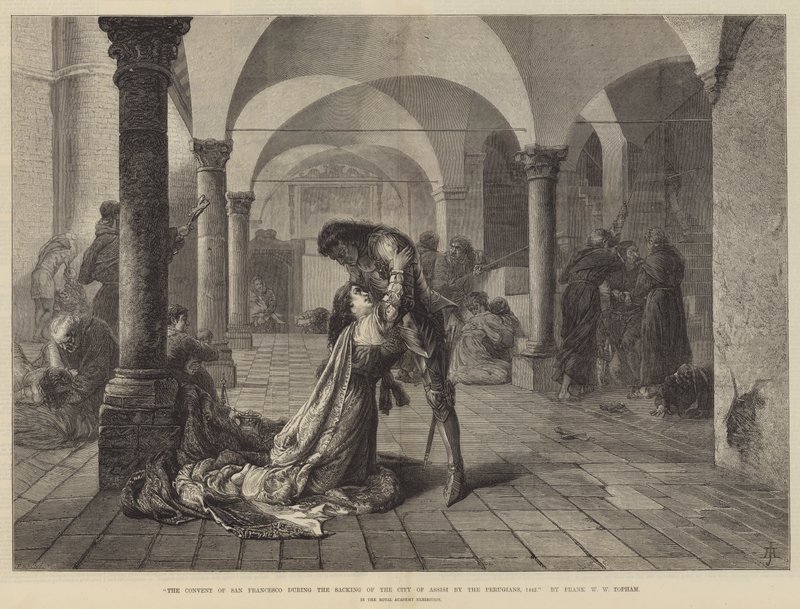 The Convent of San Francesco during the Sacking of the City of Assisi by the Perugians, 1442 by Frank William Warwick Topham