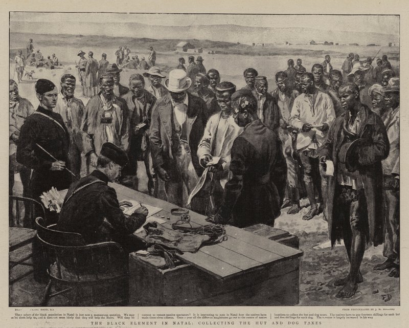 The Black Element in Natal, collecting the Hut and Dog Taxes by Frank Dadd