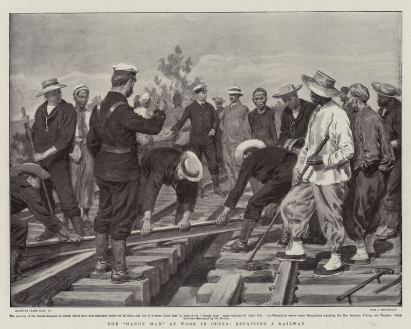 The Handy Man at Work in China, repairing a Railway by Frank Dadd