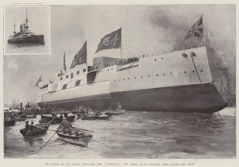 The Launch of Our Biggest Battle-Ship, HMS Formidable, the Vessel as she appeared after leaving the Ways by Fred T. Jane