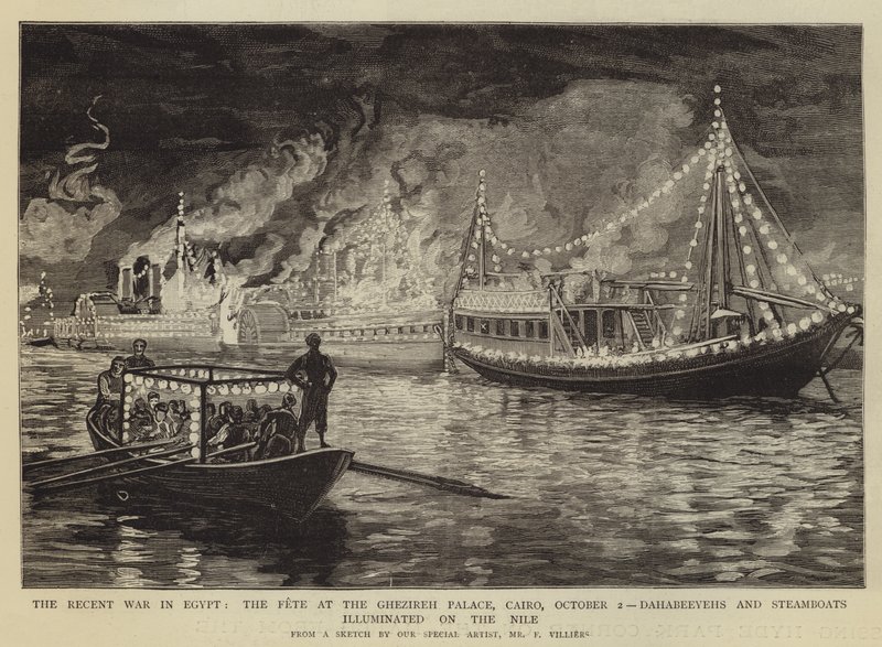 The Recent War in Egypt, the Fete at the Ghezireh Palace, Cairo, 2 October, Dahabeeyehs and Steamboats Illuminated on the Nile by Frederic Villiers