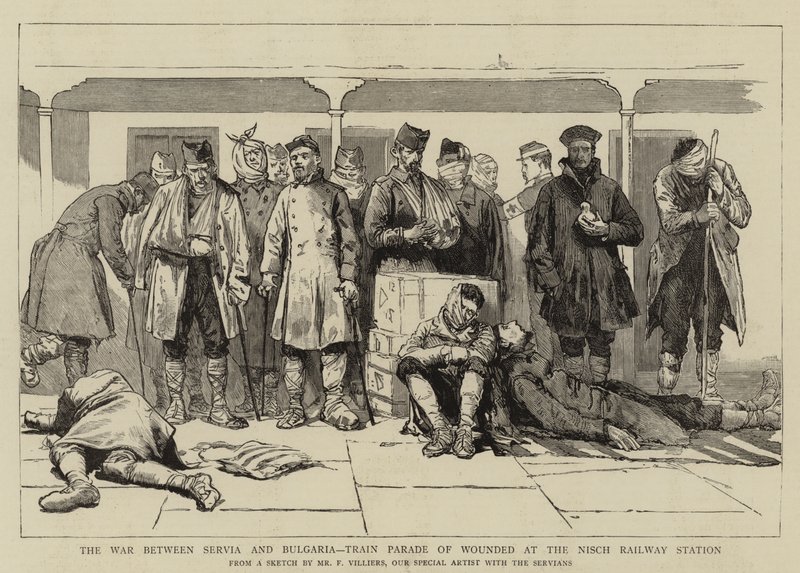 The War between Servia and Bulgaria, Train Parade of Wounded at the Nisch Railway Station by Frederic Villiers
