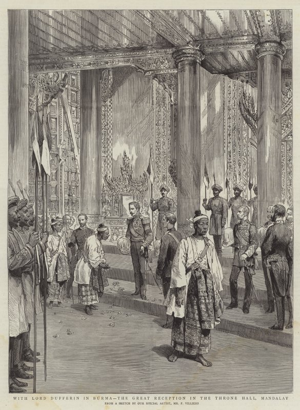 With Lord Dufferin in Burma, the Great Reception in the Throne Hall, Mandalay by Frederic Villiers