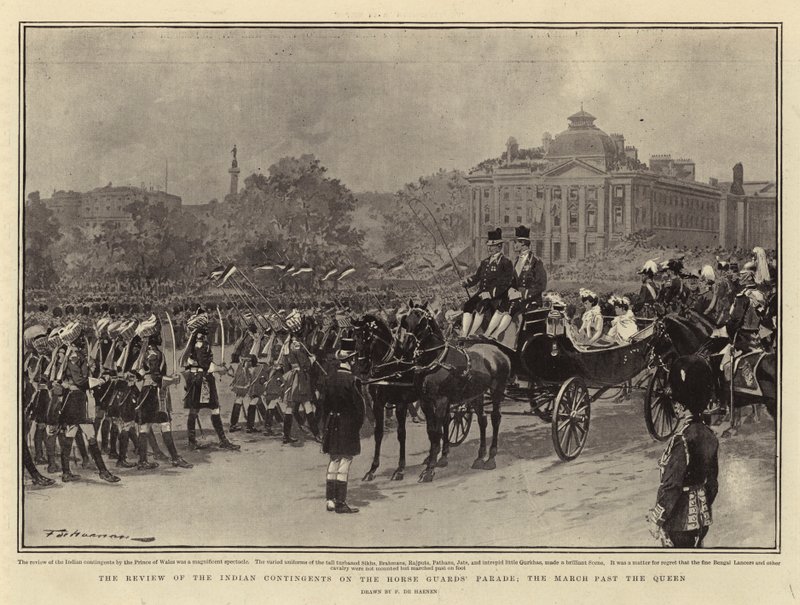 The Review of the Indian Contingents on the Horse Guards Parade, the March Past the Queen by Frederic de Haenen
