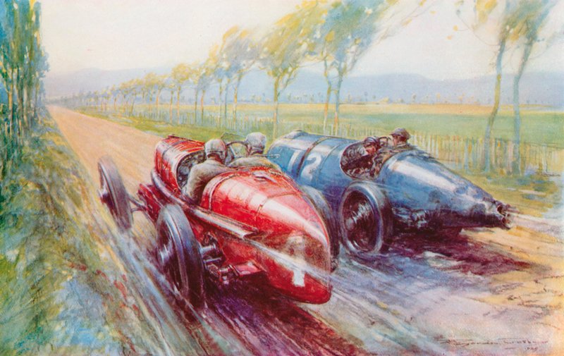 Felice Nazzaro won the 1922 Grand Prix, handling one of the new and very fast Fiats by Frederick Gordon (after) Crosby