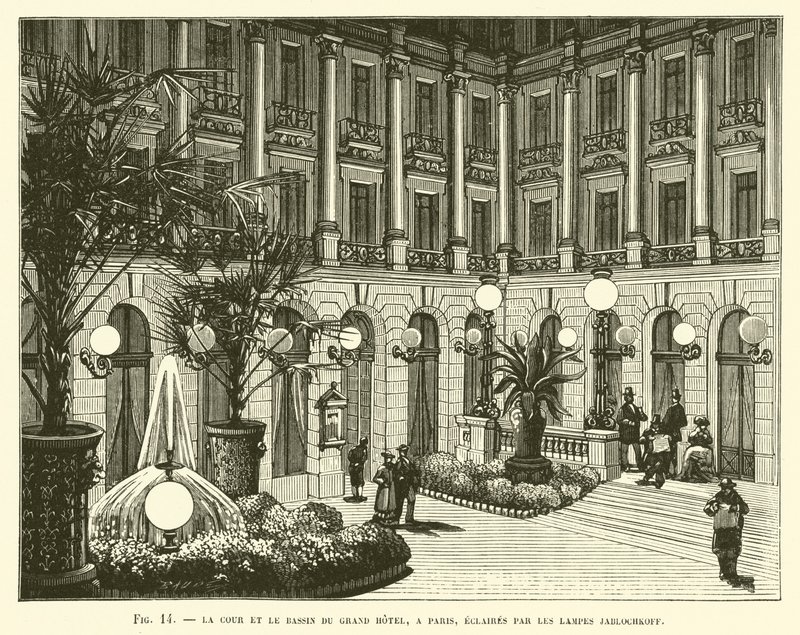 The Courtyard and Pool of the Grand Hotel, Paris, Lit by Jablochkoff Lamps by French School