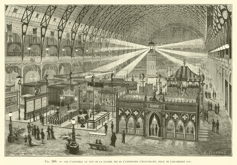 Nighttime Overview of the Great Nave of the Electricity Exhibition, Taken from the East End by French School