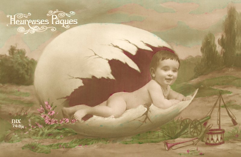 Easter Card, Showing Baby Emerging from Large Egg by French Photographer