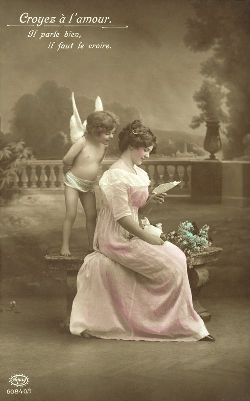 Girl Reading a Love Letter, with Cupid Looking Over Her Shoulder by French Photographer