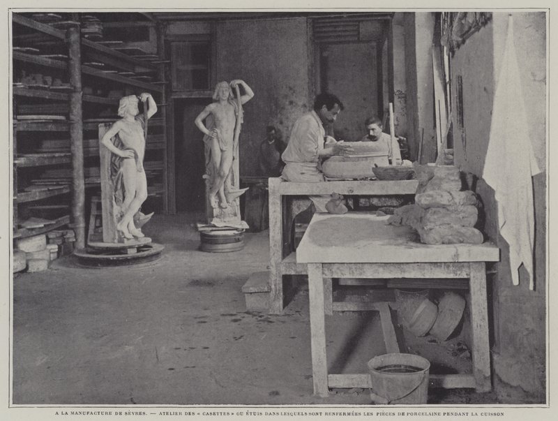 Workshop for making containers for porcelain pieces to be housed in during firing at the Sevres porcelain factory, France by French Photographer