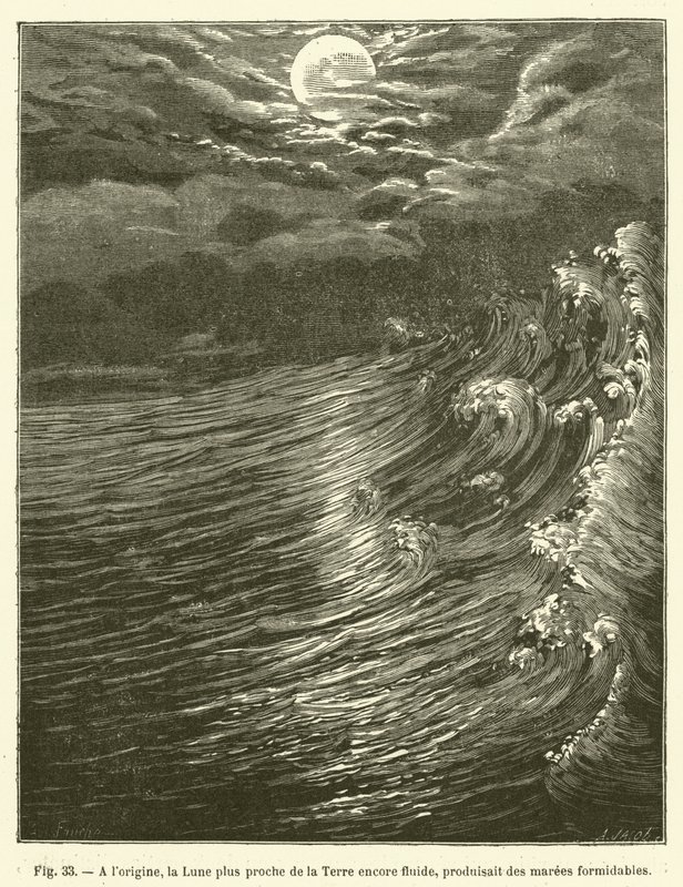 Originally, the Moon, Closer to the Earth and Still Fluid, Produced Formidable Tides by French School