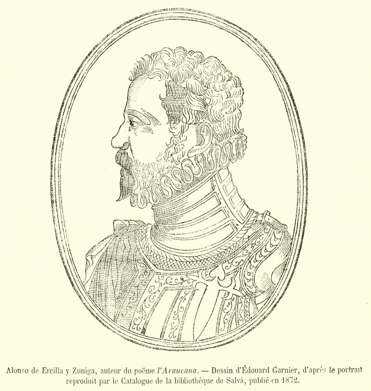 Alonso de Ercilla y Zúñiga, Author of the Poem La Araucana (engraving) by French School