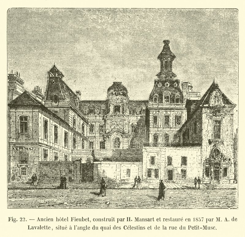 Old Hotel Fieubet, built by H. Mansart and restored in 1857 by M. A. de Lavalette, located at the corner of Quai des Celestins and Rue du Petit-Musc by French School